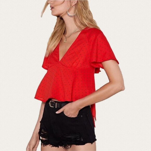 Nasty Gal Red & Black V-Neck Polka Dot Blouse Top✨✨ NWT Small - Picture 1 of 10